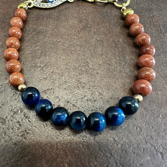 Handmade Blue Tiger Eye and Gold Sandstones Bracelet - Picture 4 of 5